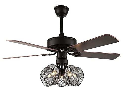 JEARRY Ventilateur de Plafond Industriel de 52 Pouces, Ventilateur de Plafond Noir à Cage Ouverte avec lumières, avec télécommande, réversible, 5 pales en Bois, 3 Vitesses, minuterie, pour la.