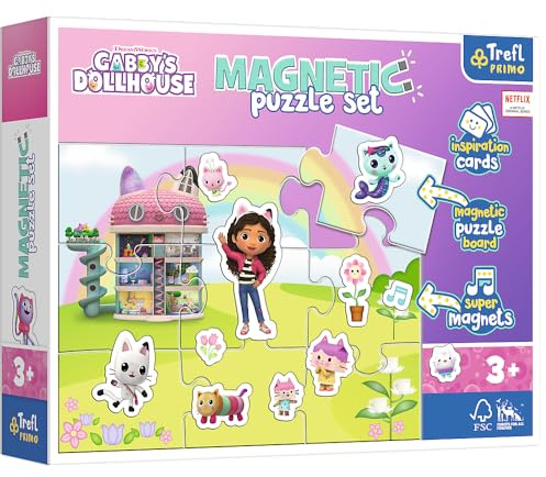Trefl Primo – Magnetic Puzzle Set: Gabby's Dollhouse, Entdecke Gabis Welt – Magnetisches Puzzlespiel mit farbigen Magneten, Karten mit Inspirationen zum Gestalten von Szenen, für Kinder ab 3 Jahren