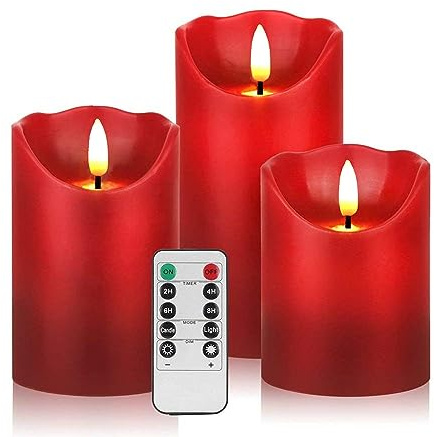 Gbateri 3 Stück rote flackernde flammenlose Kerzen – tropffreie Echtwachs-Stumpen-LED-Kerzenlichter – batteriebetriebene Kerzen – tanzendes elektronisches Kerzen-Set mit Fernbedienung und Timer zur