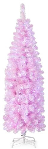 GYMAX 180 cm Albero di Natale Slim, con 250 Luci a LED, 475 Rami in PVC e PET, Folto e Realistico, Base Pieghevole in Metallo, Montaggio Facile, Rosa