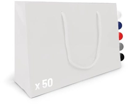 Verpackungswelt Geschenk-Tüten 50 Stück | Glänzende Papier-Tüten mit Henkel | Geschenk-Tüte 30x10x20 cm | Papier-Tüte ideal für Geburtstag, Weihnachten, Einzug & Mitbringsel | Weiß