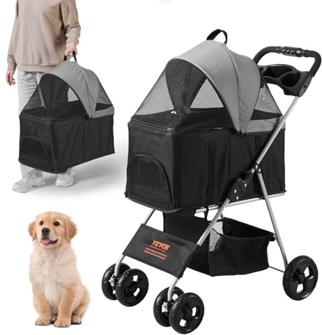 VEVOR Poussette pour Chien Animaux de Compagnie 4 Roues Pivotantes et 1 Frein Capacité de Charge 16 kg Poussette de Chat Support Amovible Panier de Rangement Porte-gobelet pour Chien, Noir Gris Foncé