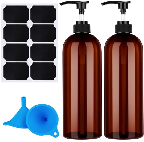 Partideal Dispensador de botellas con bomba, 2 botellas vacías recargables de plástico ámbar de 1000 ml con embudo y etiqueta para lociones, champú, acondicionador