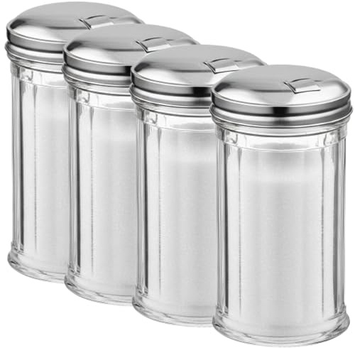 GEEX DEPOT Zuckerausgießer mit Edelstahldeckel, transparenter Kunststoff-Zuckerstreuer/Spender mit 360 ml Fassungsvermögen, 4 Stück