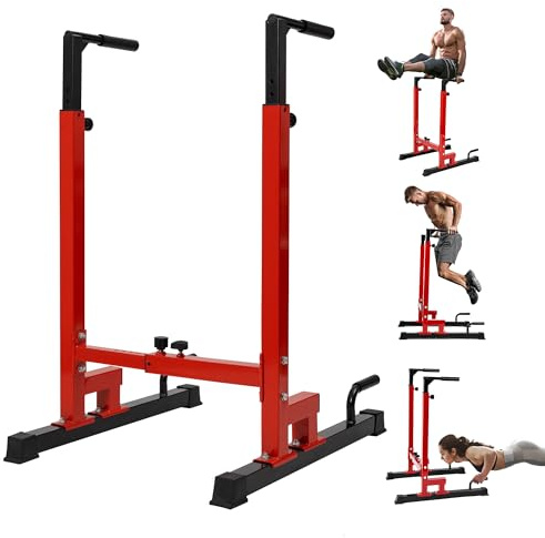 Yes4All Dip Stand 500 LBS Capacity, 80 Levels Adjustable Dip Bars, Dip Station Machine for Home Gym - Red & Black