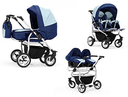 Elcar Zwillingskinderwagen 4 in 1 Duo 13 Teile in Dunkelblau-Hellblau
