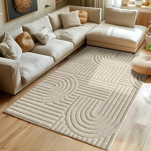 SIMPEX Hochflor Teppich Wohnzimmer Küchenteppich Schlafzimmer Beige Läufer Flur Skandi Boho Teppich 3D Design Flauschig Weich, 160 x 230 cm, Beige