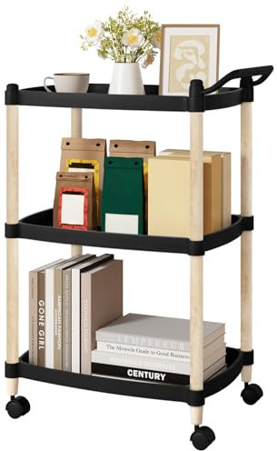 WOLTU Servierwagen 3 Ebenen, Küchenwagen mit Griff Bremsen, Nischenregal auf Rollen, Rollregal für Wohnzimmer Küche Büro, Rollwagen Kunststoff Holz, 52,5x73x33 cm, Schwarz