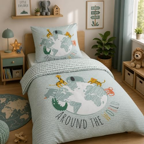 Familando – Around the World Bettwäsche-Set (2-teilig) – Decken- & Kissenbezug 135x200 cm & 80x80 cm mit Reißverschluss – 100% Baumwolle – Giraffe & Elefant – Hautfreundlich & atmungsaktiv - Öko-TEX