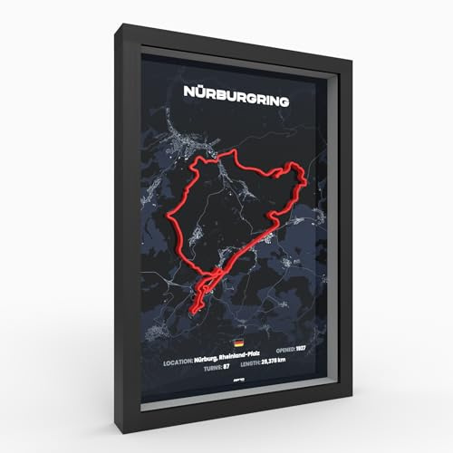Nürburgring 3D Poster im Holzrahmen I A4 I Hochwertiger 3D Druck I 2000dpi | 280g Papier I 3D Rennkunst als Deko für Wand I Büro & deinen Schreibtisch oder als Geschenk I Acrylglas-Front
