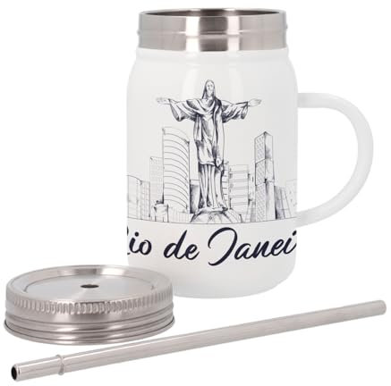 Mug Isotherme en Inox avec Couvercle et Paille - Rio de Janeiro Minimalist Brésil Voyage Foot Carnaval - 500 ml - Tasse Thermo