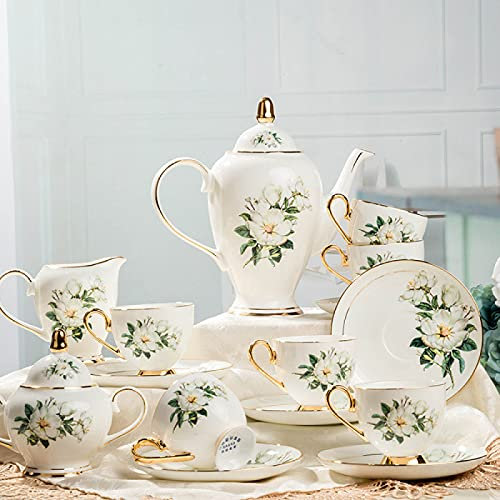 KWMAEEUID Service à thé en Porcelaine, Tasses à café et soucoupes Vintage en Porcelaine Anglaise de 6, Services à thé avec théière, sucrier et pichet à Lait, 15 pièces