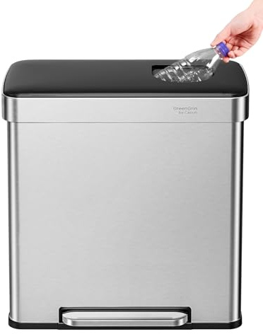 Cesun GreenGrin Kitchen Trash Can, 2x8 Gallon Dual Compartment Trash and Recycle Bin Combo, Double Stainless Steel Step Garbage Can with Lid,Recycling Push Flap,Removable Inner Buckets,30L+30L(Sliver)