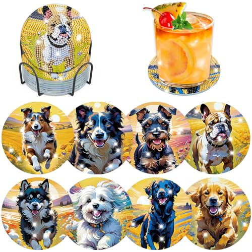 Lxmsja 8 STK Diamond Painting Untersetzer Hund mit Halter, Diamond Painting Hund, Diamant Painting Bilder Erwachsene, Diamant Tassenuntersetzer mit Kork, Basteln Kreativ Set Für Erwachsene Frauen