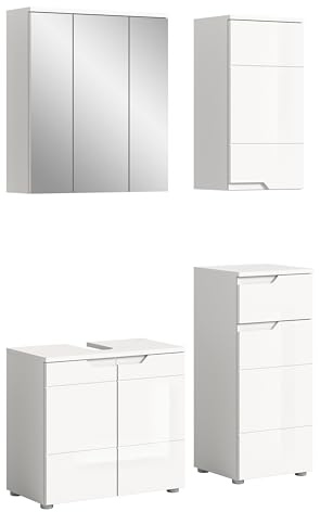 xonox.home Badezimmer Solero 4tlg. Kombination Badmöbel Set kleine Bäder Komplettprogramm Bademöbel-Set in Front weiß Hochglanz Tiefzieh Korpus weiß