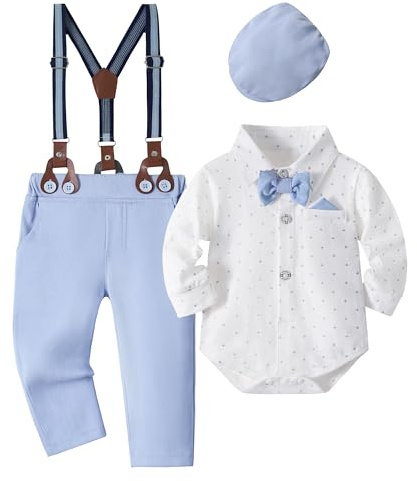 Volunboy Baby Boys Gentleman Suit, Formal Bow Tie Romper + Suspenders Pants + Beret Hat 5PCS Outfit(6-9 Months,Sky Blue,Tag Size 66)