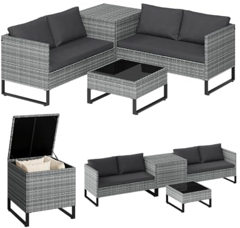 STEELSØN Alniyat Rattan Gartenmöbel Set 4-TLG., Grau/Anthrazit, wetterfest | Gartenlounge mit Bänken, Tisch & Auflagenbox, Sitzgruppe Outdoor, Sitzgarnitur mit Metallgestell, Garten, Balkon & Terrasse