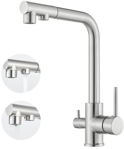 HARNART 3 Wege Wasserhahn Küche, 360° Drehbar Küchenarmatur, 3 in 1 Mischbatterie für Wasserfilter, Trinkwasserhahn mit 2 Hebel, Drei Wege Armatur Küche aus Edelstahl, Geburstet