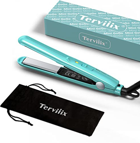 Terviiix Mini piastra per capelli, mini piastre in ceramica per capelli corti/ricci con frangia, leggera e portatile, piastre per lisciare piccole, voltaggio universale per viaggi, custodia, blu