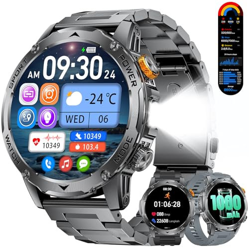 LIGE Montre Connectée Homme, Appel Bluetooth et Assistant Vocal, Batterie 1000 mAh, Lampe Torche LED, Grand Écran 1,75, 100+ Modes Sportifs, Smartwatch pour Android iOS, Noir Gris