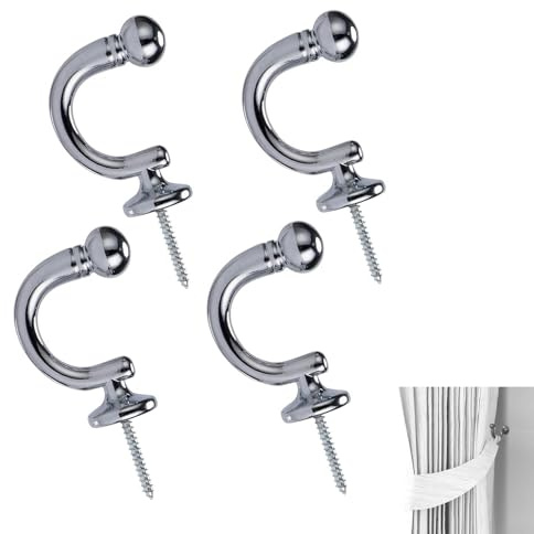 4 Pcs Tie Back Hooks for Curtains,Heavy Duty U-Shaped Metal Curtain Tieback Hooks, Ball End Holders,Clothes Coat Hanger Hooks,for Fixings Tie Backs,Clothes,Keys Hook(Silver)