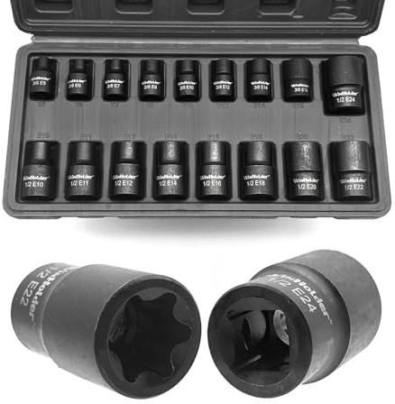 WinHolder 17 Pieces Impact E Torx Star Socket Set, E5-E24, 3/8 and 1/2 inch Drive (17pcs E Torx Star Socket Set Black Case)