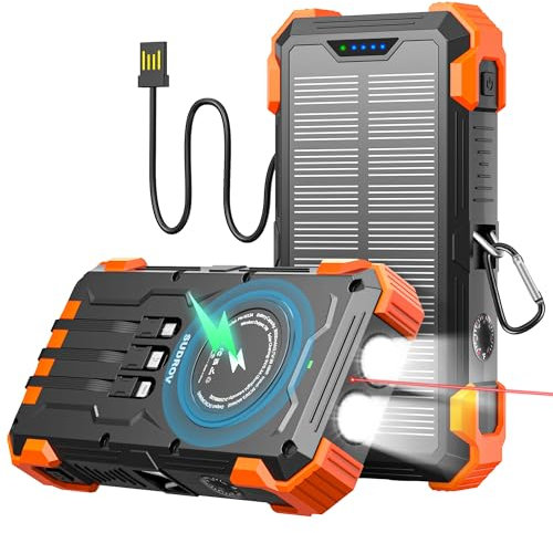 Solar Power Bank 26800mAh with 4 Built-in Cables, Portable Solar Charger with Fast Charging USB-C, Wireless Power Bank with Dual LED Flashlights, for Mobile Phones, Tablets & Camping (Orange)