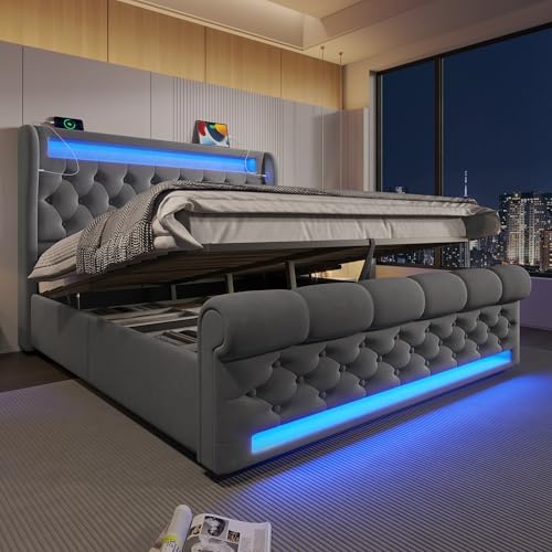 Oslghy Polsterbett Doppelbett 140x200 cm, Stauraumbett mit LED Leuchten und Stauraum, Jugendbett mit USB Typ-C Port Kopfteil, Moderne Hydraulisch Bettgestell mit Lattenrost, Samt, Grau, ohne Matratze