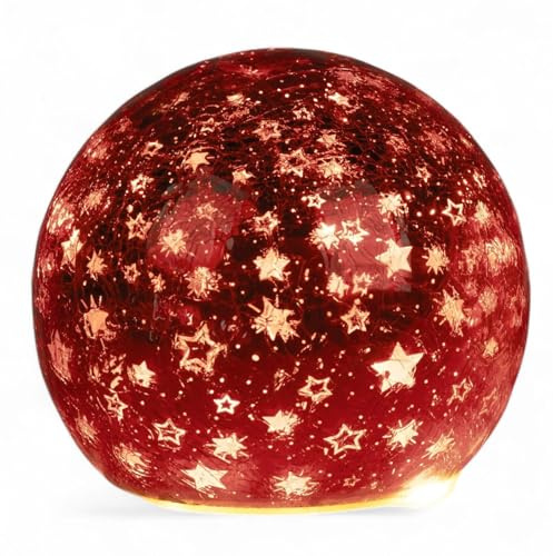 formano Dekorativ LED-kula, 12 cm, stjärnor, röd, glasboll, timer, 6 h/18 h, upplyst dekoration – inkl. 3 AA-batterier – glänsande crackle-utseende, höst, vinter, juldekoration för bord, hylla