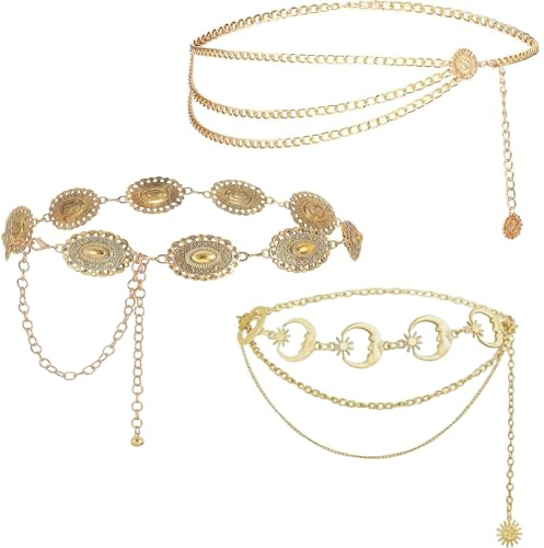 3 Stück Bauchkette Gold, Goldener Gürtel, 110 cm, Kettengürtel für Damen, Gürtel Gold Damen, Western Stil, Alltag und besondere Anlässe