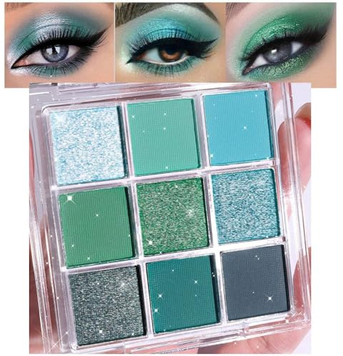 9 Farben Grüne Lidschatten Palette, Hell, Leuchtend, Smaragd, Dunkel, Blaugrün, Glitzer, Metallic, Schimmer, Funkelnd, Lidschatten, Lidschatten-Palette für ältere Frauen, Hochpigmentierte