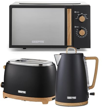 GEEPAS Kitchen Set NordiQ Design | Matte Finish with Wood Accents (Black, Kettle, 2 Slice Toaster & Microwave Set)
