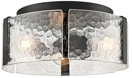 CLAXY Farmhouse Ceiling Light Fixture 3-Light Black Hallway Ceiling Light with Handmade Textured Glass Drum Shade, Dimmable Flush Mount Light for Bedroom Entryway Kitchen