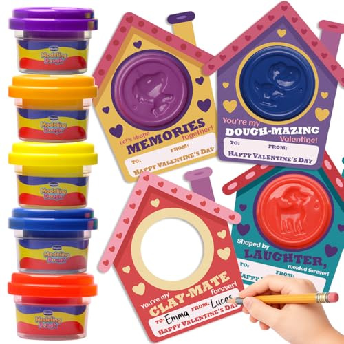 Waybla Confezione da 28 biglietti di San Valentino per bambini con pasta modellante, divertenti regali in classe per bambini e bambini in età prescolare, perfetti per scambi scolastici e feste