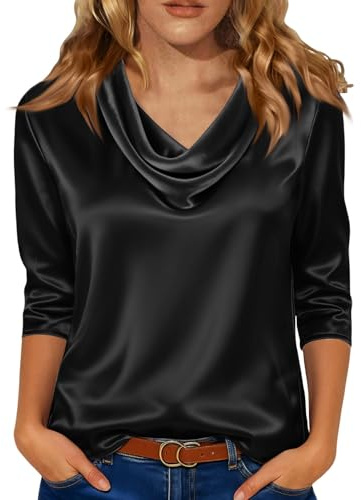 Blusas de satén para mujer, manga 3/4, de seda, con cuello drapeado, fruncido, cuello redondo, camisas informales para negocios, trabajo, oficina