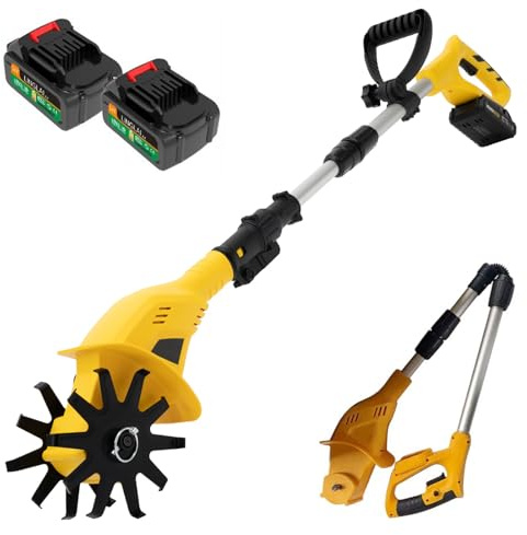 Motoazada Eléctrica Inalámbrica Portátil, Cultivador de Jardín con 2 Baterías de 6500mAh, Ancho de Trabajo 10 cm y Profundidad 25 cm, Motoazada Plegable para Huertos y Jardines