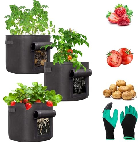 Aoligei Kartoffel Pflanzsack, 3 Stück 28L Pflanzsäcke mit Sichtfenster, Vliesstoff Pflanzsack mit Gartenhandschuhen, Pflanzbeutel für Kartoffeln, Erdbeeren, Karotten, Gemüse, Indoor Outdoor