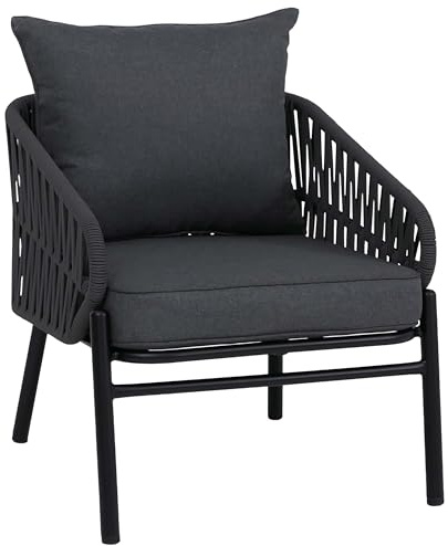 Mendler Aluminium-Gartenstuhl HWC-P90 Stoff/Textil - anthrazit | Loungestuhl, Sessel, Outdoor, Seilgeflecht, Rope, (180g/m²)