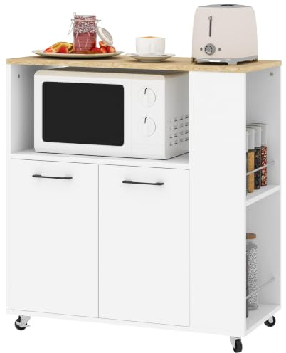 HOMCOM Carrito Auxiliar con Ruedas 2 Puertas 75x40x80,5 cm Blanco Cocina | Carrito de Cocina, Estante Ajustable, Especieros, para Comedor