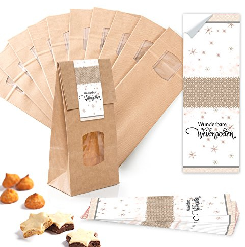 Logbuch-Verlag 10 kleine Kraftpapier Fenster Tüten Weihnachten braun natur weiß Gebäckbeutel 10 x 6,5 x 27 cm mit Aufkleber