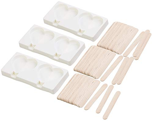 Rosenstein & Söhne Eisformem-Eis: 3 Silikon-Formen für 6 Herz-Eis am Stiel, je 80 ml, 72 Holzstiele (Eiszubereiter, Icepop-Form, Pop)