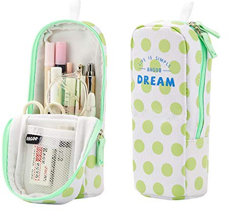 iSuperb Standing Pencil Case Aesthetic Large Capacity Pen Pouch with Zipper Canvas Pencil Holder Portable Pen Bag Cell Phone Stand Stationery Organizer for Student School Supplies (Green)