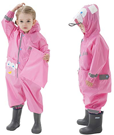 Baogaier Waterproof Suit Children Girls Puddle Suit Hooded All in One Lightweight Breathable Easy Dry Cycling Onesie Rainwear Raincoat with Monkey Pattern for Kids Girl 4-6 Years, Pink L
