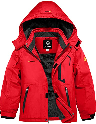 GEMYSE Boy's Waterproof Ski Snow Jacket Hooded Fleece Windproof Winter Jacket (Oriental Red,14/16)