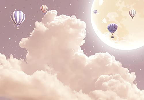 Wesmilewallpaper Papier Peint Panoramique Nuages Chambre Fille 400X280cm | Étoiles Lune Rose Montgolfières Nuageux Ciel Dessin Animé Intissé Soie Murales Poster Décoration Chambre Bébé Enfant Salon