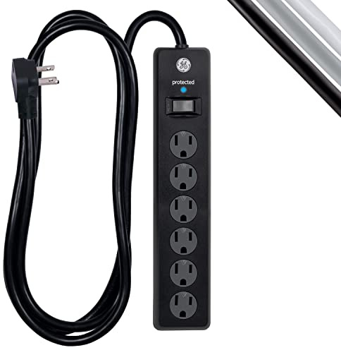 GE 6-Outlet Surge Protector, 2 Pack, 20 Ft Extension Cord, Power Strip, 800 Joules, Flat Plug, Twist-to-Close Safety Covers, Protected Indicator Light, UL Listed, Black, 54654