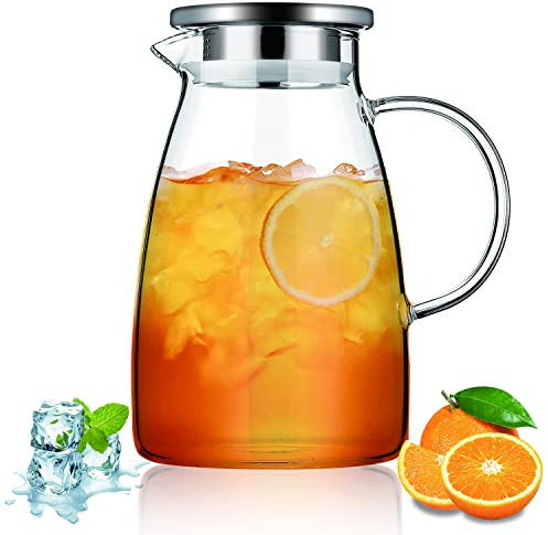 Kyraton jarra agua con tapa extraíble 1.5L, botellas de vidrio transparente para bebidas frías y calientes, resistente al calor fáciles de limpiar para té, café, jugo