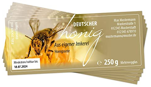 Apoidea – Honig Etiketten Rechteckig selbstklebend & personalisierbar - 25 Stück/Etiketten Honiggläser 250 g/Honig Aufkleber für selbstgemachten Honig/Honigetiketten für Honiggläser