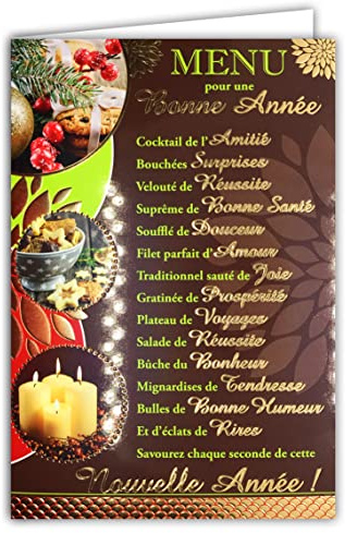 Carte Bonne Année Meilleurs Vœux Souhaits en Or Doré avec Enveloppe Menu Fêtes Réveillon Santé Amitié Amour Bonheur Joie Surprises Réussites Prospérité Rires Biscuits Noël Bougies Avent 61-4077-A BA