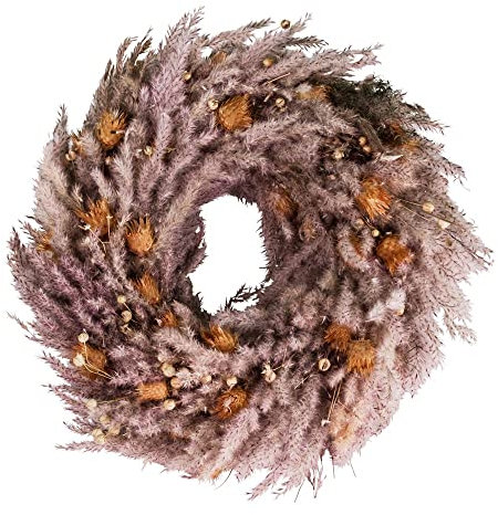matches21 Bonita corona de puerta con flores de campo, corona de pared, flores secas, color marrón, 1 unidad, diámetro de 25 cm